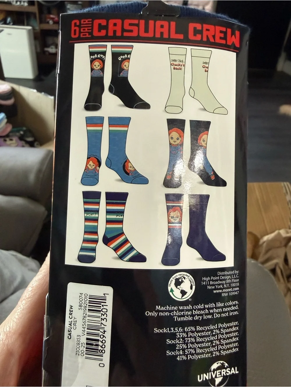 Chucky Casual Crew Men’s Socks - Black/Orange Character Design. 6 pair